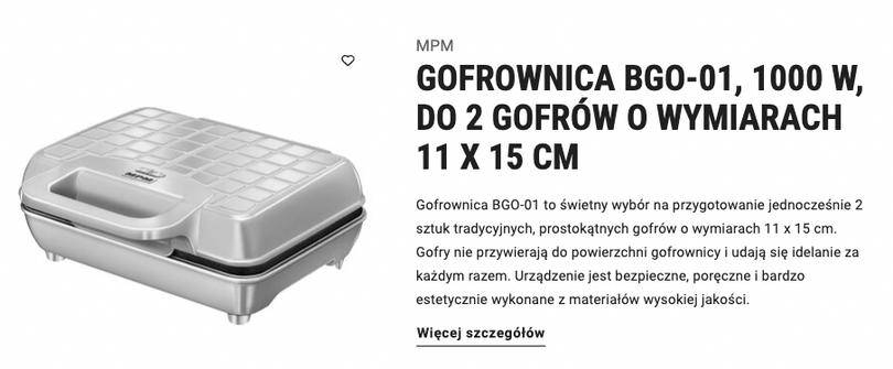 GOFROWNICA BGO-01, 1000 W, DO 2 GOFRÓW O WYMIARACH 11 X 15 CM