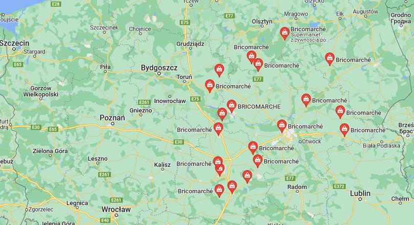 mapa polski z zaznaczonymi sklepami budowlanymi czynnymi w niedzielę Bricomarché 