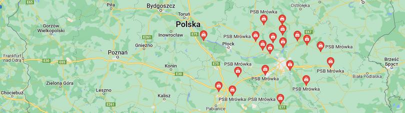 mapa polski z zaznaczonymi sklepami budowlanymi czynnymi w niedzielę PSB Mrówka 