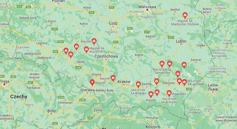 mapa polski z zaznaczonymi sklepami budowlanymi czynnymi w niedzielę Markety Majster