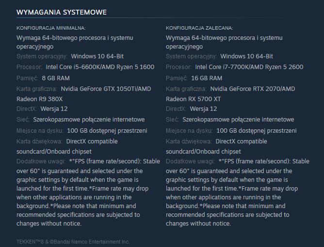 Jaki komputer do Tekken 8 - wymagania systemowe na platformie steam
